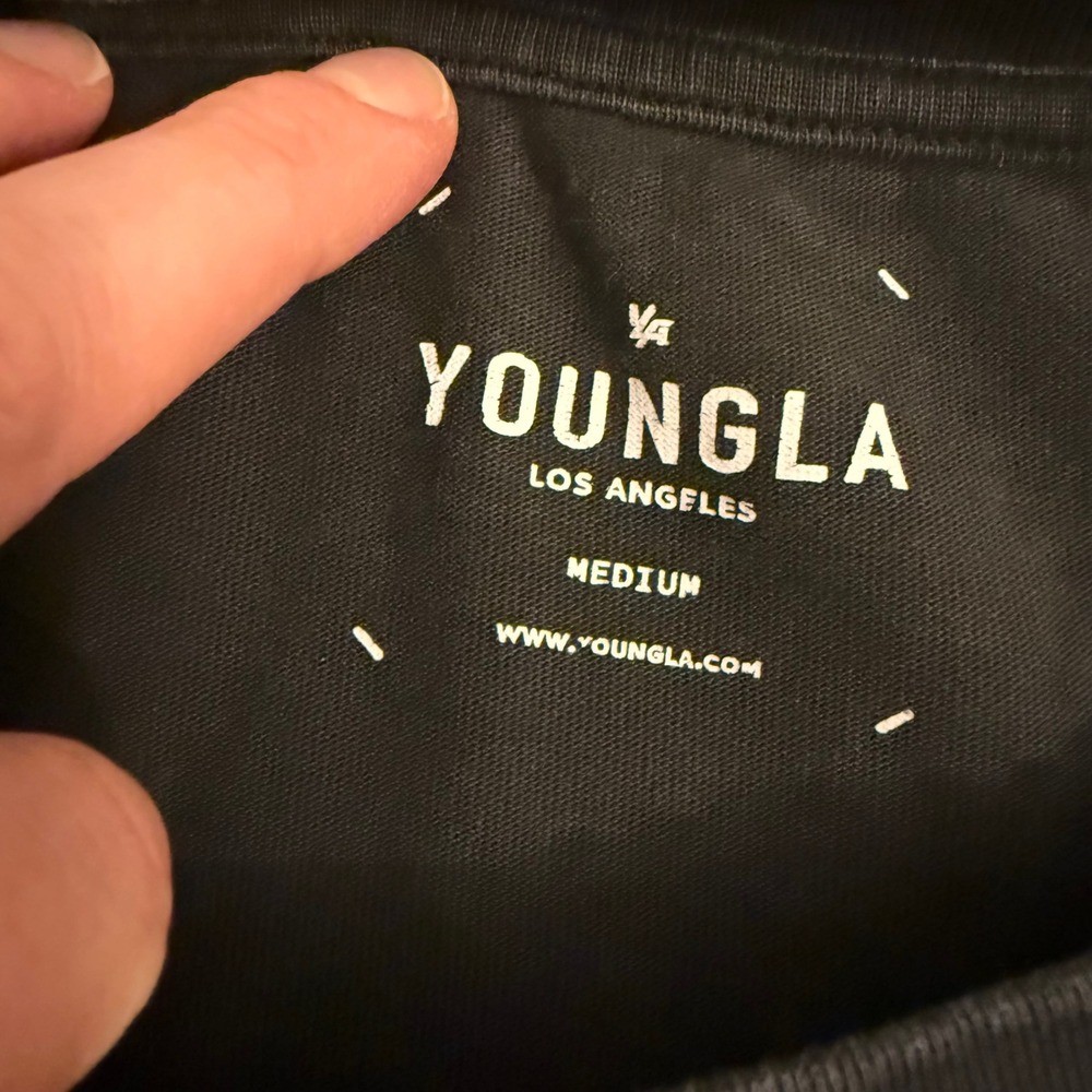 YoungLA Mens Washed Black Orange Graphic Tee Model 431 Raw Hem Shirt Size M - Picture 2 of 8